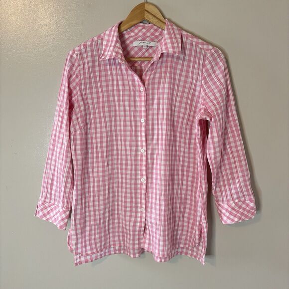 FoxCroft NYC Pink Plaid Button Up Top Pleated Textured Blouse Womens Sz 6 - Picture 1 of 8